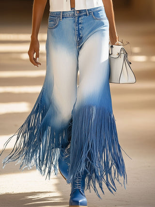 Jean large décontracté à franges en denim dégradé blanc et bleu rétro